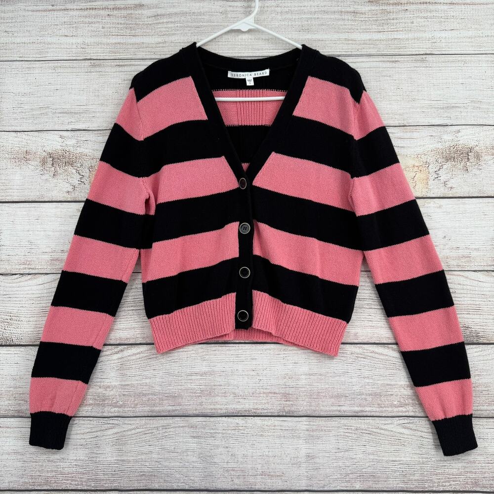 Veronica Beard Pink and Black Striped Cropped Button Cardigan